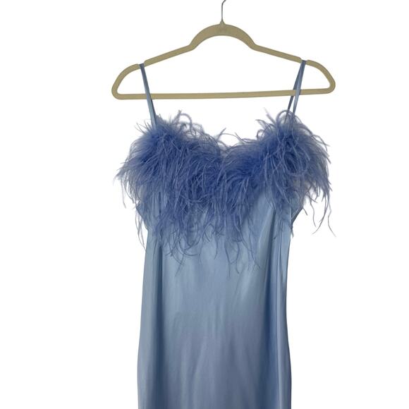 NEW Sleeper Boheme Feather Slip Dress Blue Satin Midi Size M Ostrich Versatile - Picture 5 of 11